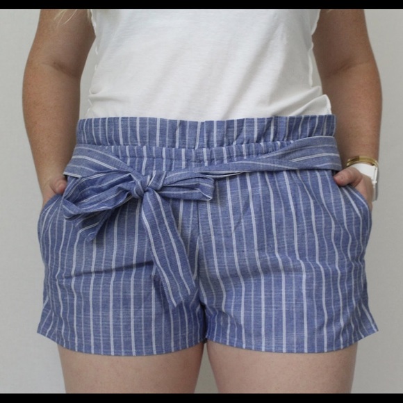 Pants - Blue Striped Front Tie Shorts
